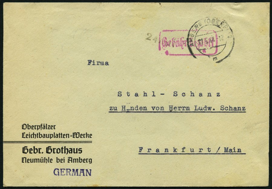 ALL. BES. GEBÜHR BEZAHLT AMBERG (OBERFALZ), 17.5.46, Roter L1 Gebühr Bezahlt Und 24, Prachtbrief - Other & Unclassified