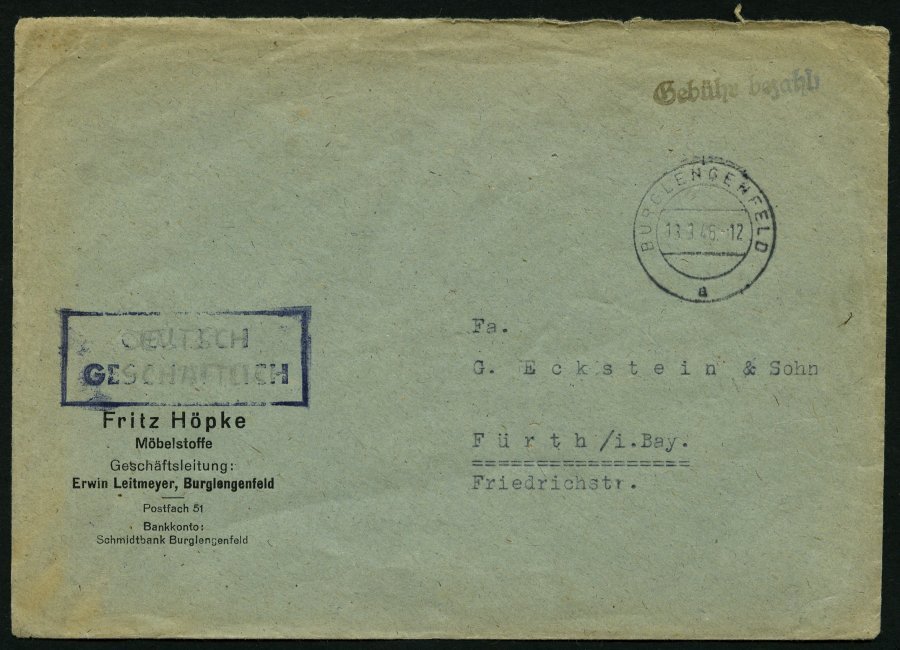 ALL. BES. GEBÜHR BEZAHLT BURGLENGENFELD, 13.3.46, L1 Gebühr Bezahlt, Brief Feinst - Otros & Sin Clasificación