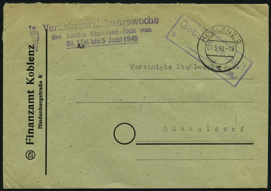 ALL. BES. GEBÜHR BEZAHLT KOBLENZ 2, 01.6.48, Violetter R2 Gebühr Bezahlt B...RM...Rpf., Prachtbrief - Other & Unclassified