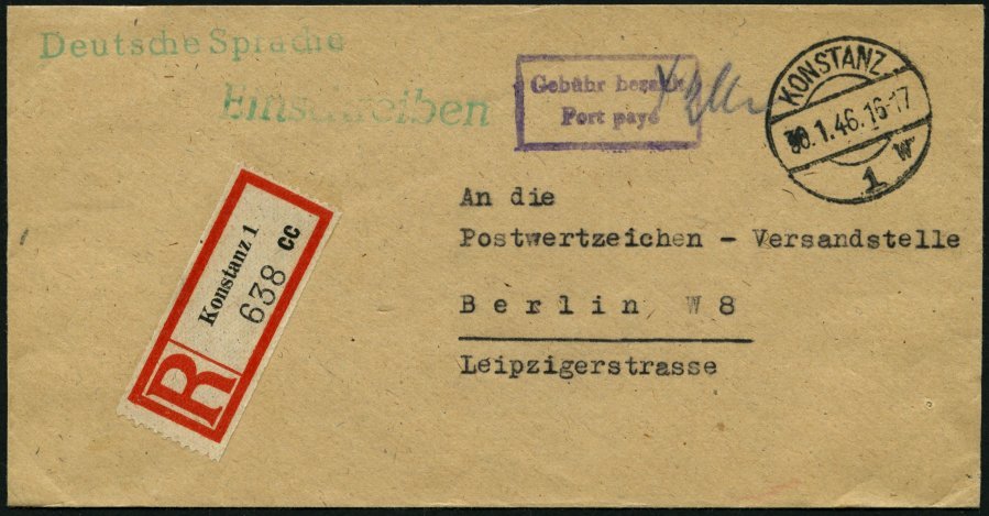 ALL. BES. GEBÜHR BEZAHLT KONSTANZ, 30.1.46, Violetter R2 Gebühr Bezahlt Port Paye, Kleiner Einschreibbrief Nach Berlin - Sonstige & Ohne Zuordnung