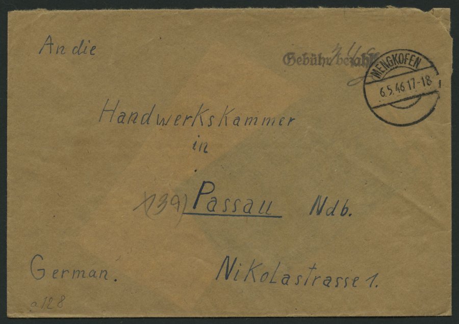 ALL. BES. GEBÜHR BEZAHLT MENGKOFEN, 6.5.46, L1 Gebühr Bezahlt, Brief Feinst - Otros & Sin Clasificación