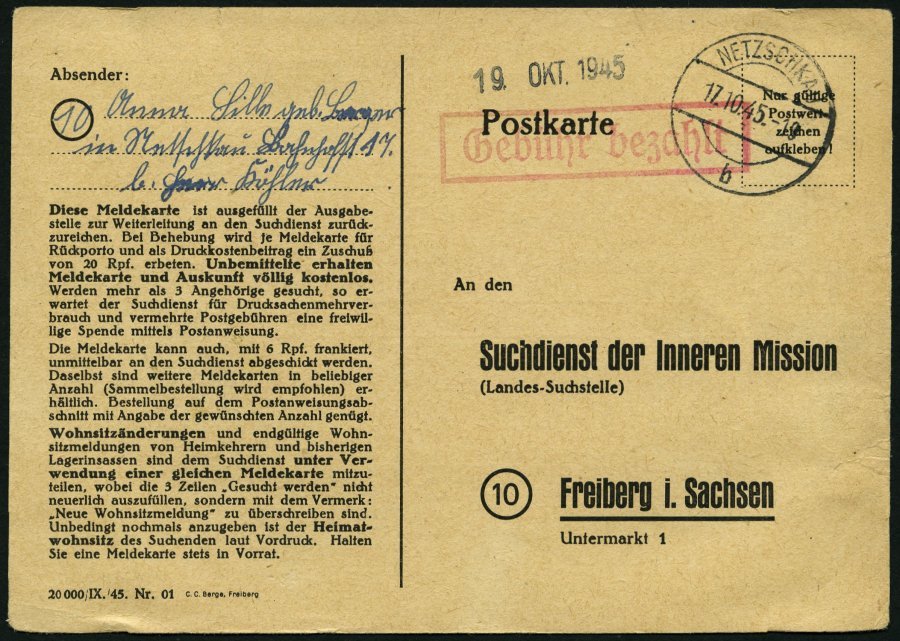 ALL. BES. GEBÜHR BEZAHLT NETZSCHKAU, 17.10.45, Roter R1 Gebühr Bezahlt, Suchdienstkarte, Feinst - Otros & Sin Clasificación