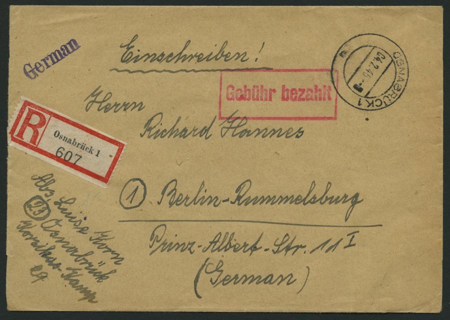 ALL. BES. GEBÜHR BEZAHLT OSNABRÜCK, 04.2.46, Roter R1 Gebühr Bezahlt, Einschreibbrief, Pracht - Otros & Sin Clasificación