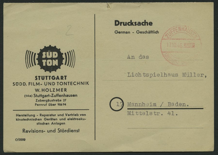 ALL. BES. GEBÜHR BEZAHLT ZUFFENHAUSEN Gebühr Bezahlt, 17.10.46, Roter K1 Auf Drucksachenkarte, Feinst - Other & Unclassified