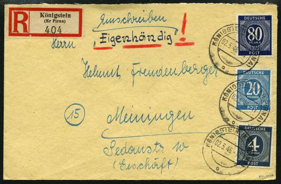 ALLIIERTE BES. 914,924,935 BRIEF, 1946, 4, 20 Und 80 Pf. Ziffer Auf Einschreiben-eigenhändig Von KÖNIGSTEIN Nach Meining - Otros & Sin Clasificación