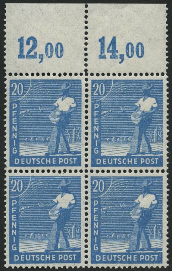 ALLIIERTE BES. 950aPOR VB **, 1947, 20 Pf. Mittelblau, Plattendruck, Durchgezähnt, Im Viererblock Vom Oberrand, Pracht, - Other & Unclassified