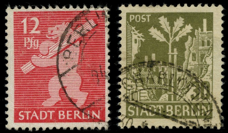 BERLIN UND BRANDENBURG 5AIV,7AI O, 1945, 12 Pf. Mittelkarminrot Mit Abart Bär Mit Nasenloch Und 30 Pf. Bräunlicholiv Mit - Otros & Sin Clasificación