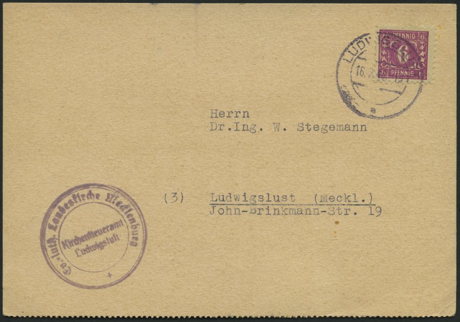 MECKLENBURG-VORPOMMERN 9b BRIEF, 1946, 6 Pf. Dunkelpupur, Einzelfrankatur Auf Ortspostkarte Des Kirchensteuerates LUDWIG - Otros & Sin Clasificación