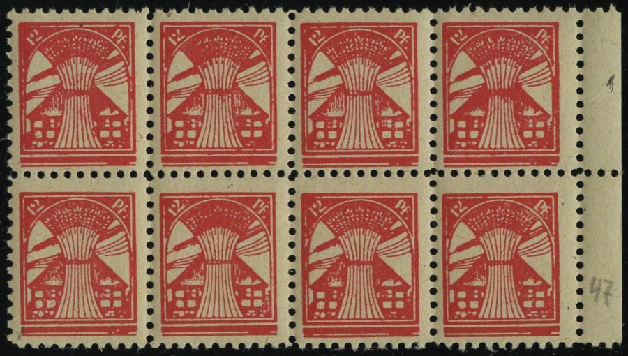 MECKLENBURG-VORPOMMERN 18bPFIV **, 1945, 12 Pf. Rosa Im Achterblock, Dabei Feld 47 Mit Plattenfehler, Leichter Diagonale - Altri & Non Classificati