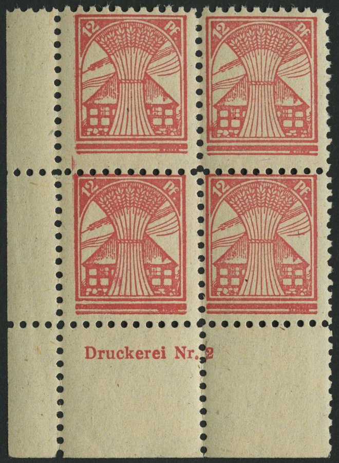 MECKLENBURG-VORPOMMERN 18cDZ **, 1945, 12 Pf. Rosarot, Eckrandviererblock Mit Druckereizeichen Und Plattenfehlern XXV Un - Other & Unclassified