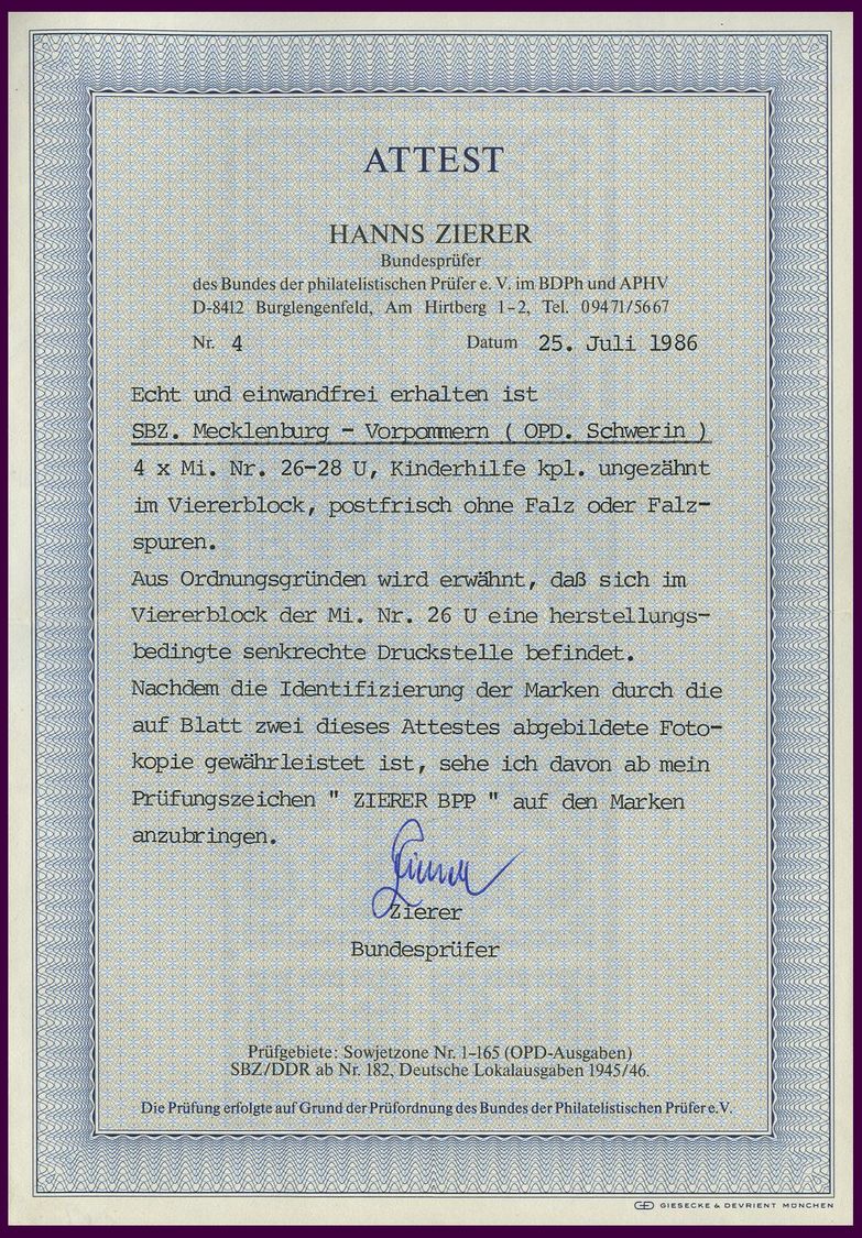 MECKLENBURG-VORPOMMERN 26-28aU VB **, 1945, Kinderhilfe, Ungezähnt In Viererblocks, Prachtsatz, Fotoattest Zierer, Mi. ( - Other & Unclassified