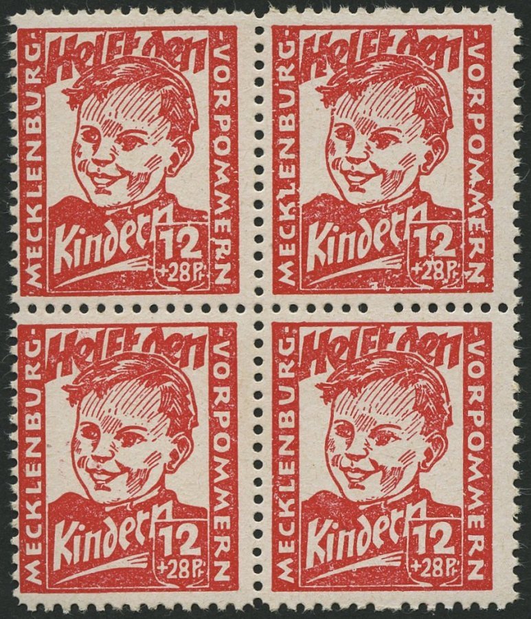 MECKLENBURG-VORPOMMERN 28b VB **, 1945, 12 Pf. Dunkelrosa Kinderhilfe Im Viererblock, Pracht, Gepr. Kramp, Mi. 320.- - Otros & Sin Clasificación