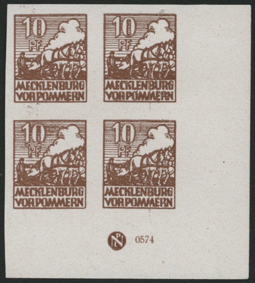 MECKLENBURG-VORPOMMERN 35xaDZ **, 1946, 10 Pf. Lebhaftsiena, Kreidepapier, Im Eckrandviererblock Mit Druckereizeichen, P - Otros & Sin Clasificación