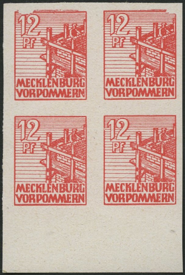 MECKLENBURG-VORPOMMERN 36xaU VB **, 1946, 12 Pf. Dunkelgraurot, Kreidepapier, Ungezähnt, Im Viererblock Vom Unterrand, D - Otros & Sin Clasificación