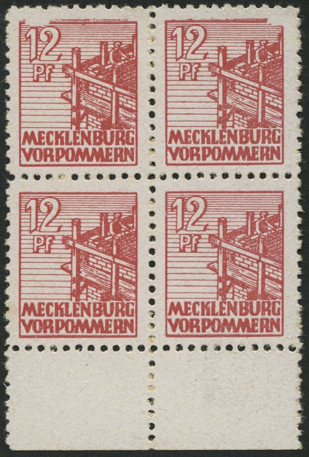 MECKLENBURG-VORPOMMERN 36xc VB **, 1946, 12 Pf. Lebhaftbraunrot, Kreidepapier, Im Viererblock Vom Unterrand, Dabei Platt - Otros & Sin Clasificación