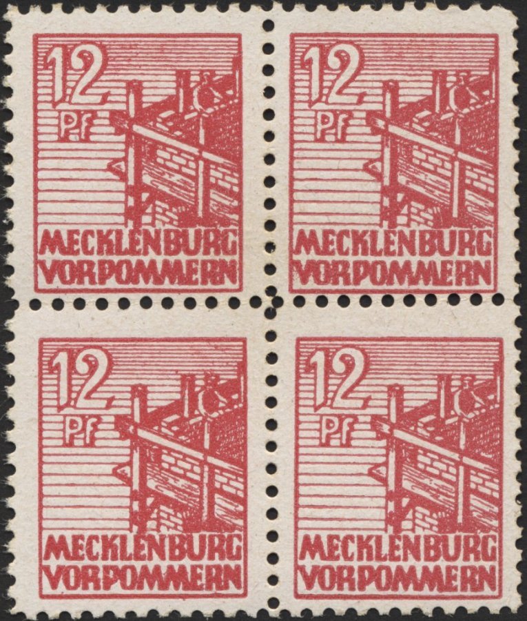 MECKLENBURG-VORPOMMERN 36xc VB **, 1946, 12 Pf. Lebhaftbraunrot, Kreidepapier, Im Viererblock, Pracht, Gepr. Thom Und Fo - Otros & Sin Clasificación