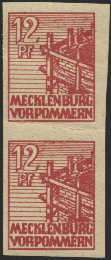 MECKLENBURG-VORPOMMERN 36ydU Paar **, 1946, 12 Pf. Braunrot, Graues Papier, Ungezähnt, Im Senkrechten Paar, Fotoattest K - Otros & Sin Clasificación