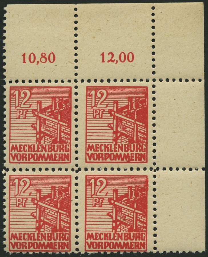 MECKLENBURG-VORPOMMERN 36zb VB **, 1946, 12 Pf. Rot, Dünnes Papier, Im Oberen Rechten Eckrandviererblock, Pracht, Gepr. - Otros & Sin Clasificación