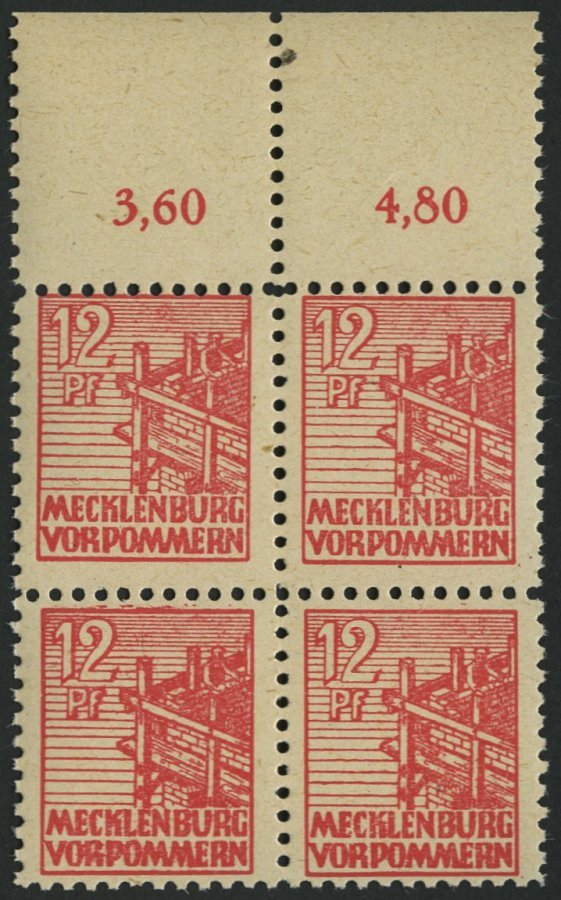 MECKLENBURG-VORPOMMERN 36zb VB **, 1946, 12 Pf. Rot, Dünnes Papier, Im Viererblock Vom Oberrand, Pracht, Gepr. Kramp, Mi - Otros & Sin Clasificación