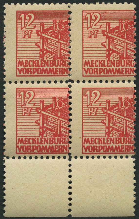 MECKLENBURG-VORPOMMERN 36zz VB **, 1946, 12 Pf. Rot, Dünnes Papier, Diagonal Genetzte Gummierung, Im Viererblock Vom Unt - Otros & Sin Clasificación