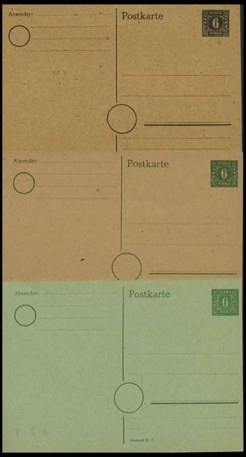 MECKLENBURG-VORPOMMERN P 5-7 BRIEF, Ganzsachen: 1945, 6 Pf., 6 Ungebrauchte Karten: P 5a,b, P 6 (3 Verschiedene Kartons) - Otros & Sin Clasificación