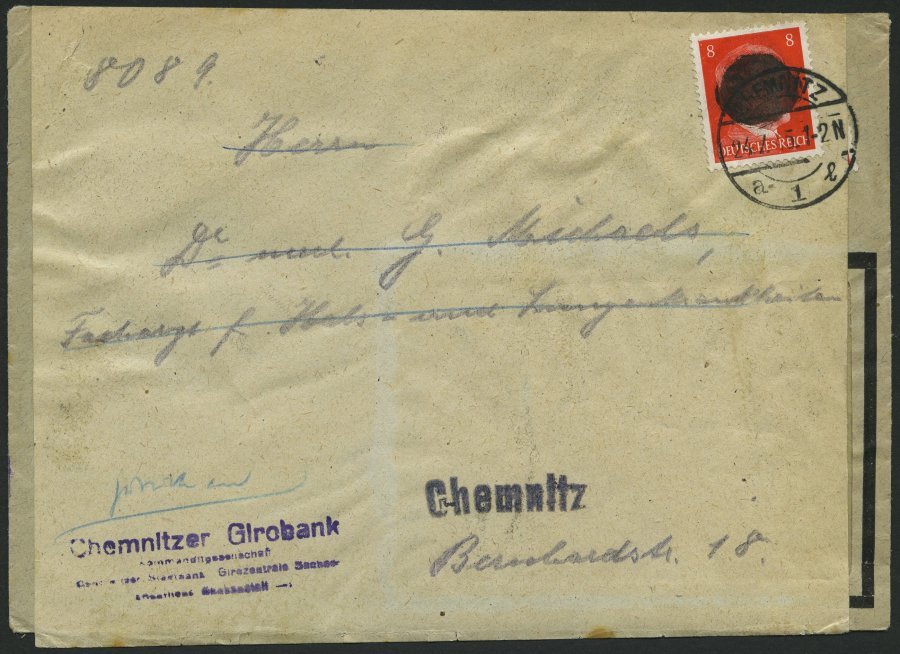 SÄCHSISCHE SCHWÄRZUNGEN AP 786I BRIEF, CHEMNITZ 1, 8 Pf. Auf Brief (überklebt Auf Brief Ohne Schwärzung Vom 8.12.44 Aus - Otros & Sin Clasificación