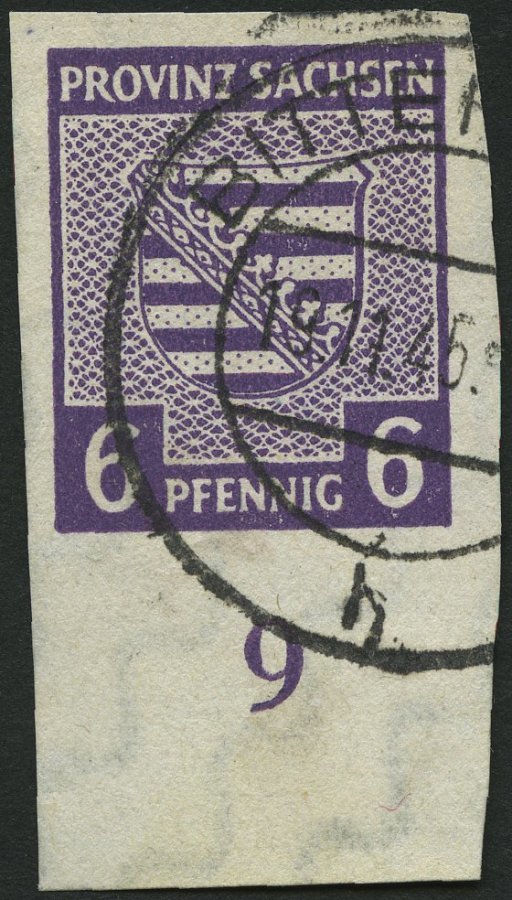 PROVINZ SACHSEN 69Xc O, 1945, 6 Pf. Dunkelgrauviolett, Wz. 1X, Unterrandstück, Pracht, Gepr. Ströh, Mi. (120.-) - Altri & Non Classificati