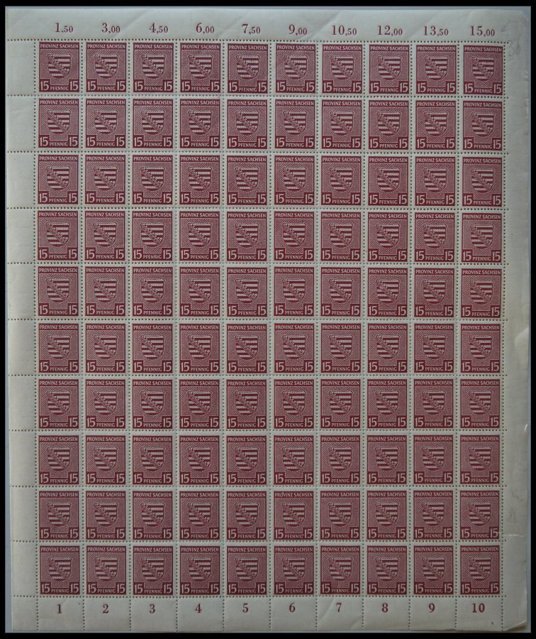 PROVINZ SACHSEN 80YII **, 1945, 15 Pf. Mittellilakarmin, Wz. 1Y, Im Bogen (100), Dabei Feld 48 Mit Abart Weißer Fleck Li - Otros & Sin Clasificación