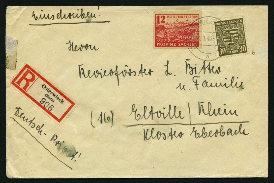 PROVINZ SACHSEN 83Xb BRIEF, 1945, 30 Pf. Bräunlicholiv, Wz. 1X, Mit 12 Pf. Zusatzfrankatur Auf Portogerechtem Einschreib - Other & Unclassified