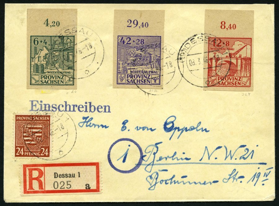 PROVINZ SACHSEN 87-89B BRIEF, 1946, Wiederaufbau, Ungezähnt, Vom Oberrand, Mit Zusatzfrankatur Auf Portogerechtem Einsch - Other & Unclassified