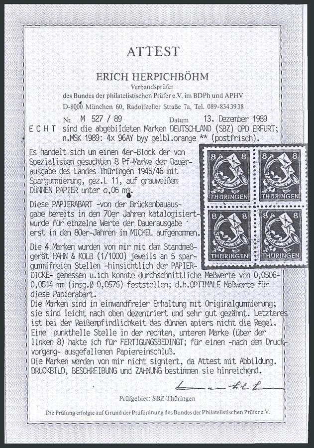 THÜRINGEN 96AYyy **, 1945, 8 Pf. Rotorange, Spargummi, Dünnes Papier, Attestkopie Herpichböhm, Mi. 100.- - Otros & Sin Clasificación