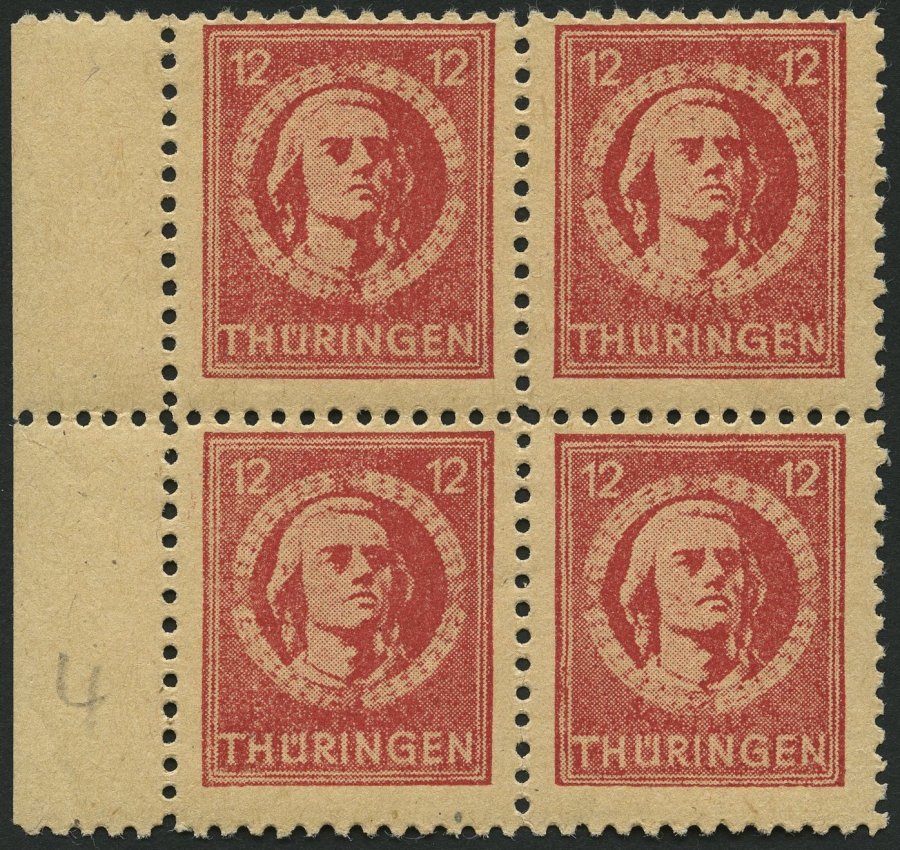 THÜRINGEN 97AXar VB **, 1945, 12 Pf. Karminrot, Vollgummierung, Hellchromgelbes Papier, Dicke Gummierung, Im Randviererb - Otros & Sin Clasificación