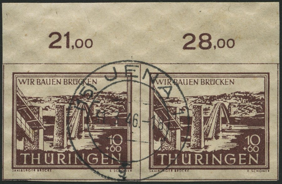 THÜRINGEN 112yI O, 1946, 10 Pf. Wiederaufbau Mit Abart Springbrunnen über Wertangabe (Feld 3), Im Oberrandpaar Mit Norma - Other & Unclassified