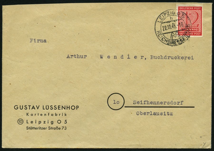 WEST-SACHSEN 119Y BRIEF, 1945, 12 Pf. Lebhaftkarminrot, Wz. 1Y, Auf Fernbrief, Pracht - Otros & Sin Clasificación