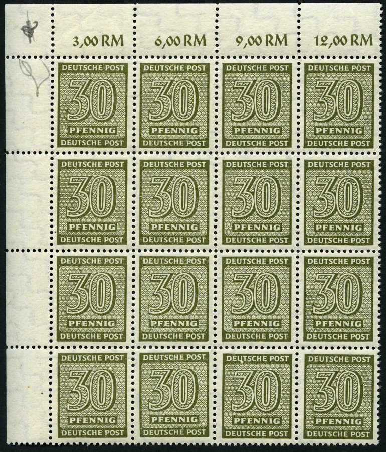 WEST-SACHSEN 135YI **, 1945, 30 Pf. Bräunlicholiv, Wz. 1Y, Im 16er-Block, Dabei Feld 33 Mit Abart Weißer Fleck Unten Am - Other & Unclassified