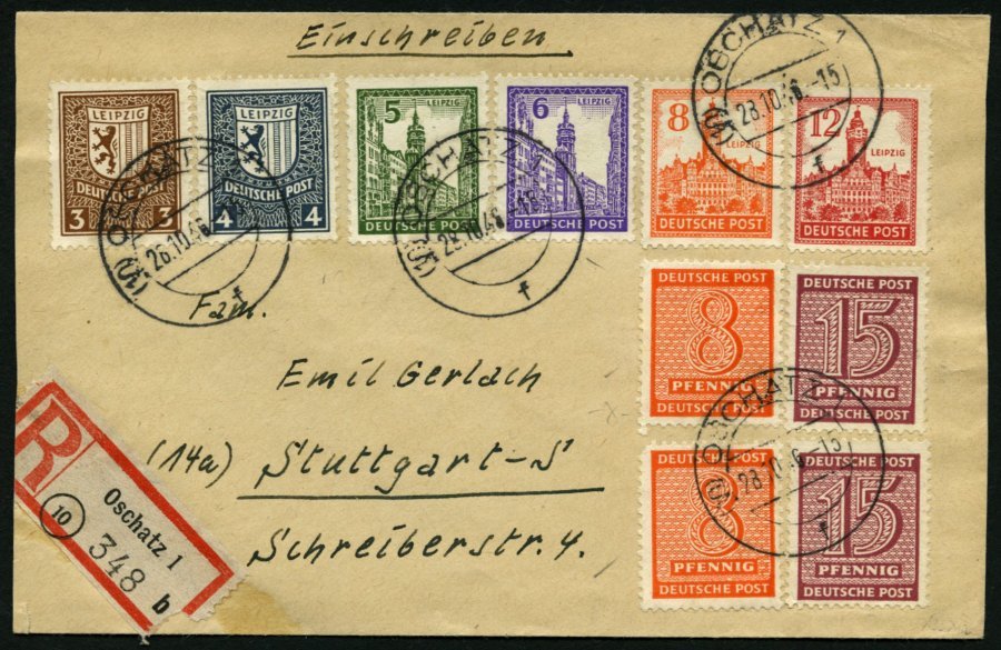 WEST-SACHSEN 150-55Y BRIEF, 1946, Abschiedsserie, Wz. 1Y, Mit Zusatzfrankatur (u.a. 2x Nr. 133 Ya) Auf Einschreibbrief, - Otros & Sin Clasificación