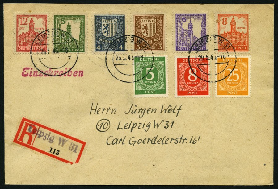 WEST-SACHSEN 156-61x BRIEF, 1946, Abschiedsserie, Ohne Wz., Mit Zusatzfrankatur Auf 2 Pf. Unterfrankiertem Orts-Einschre - Otros & Sin Clasificación