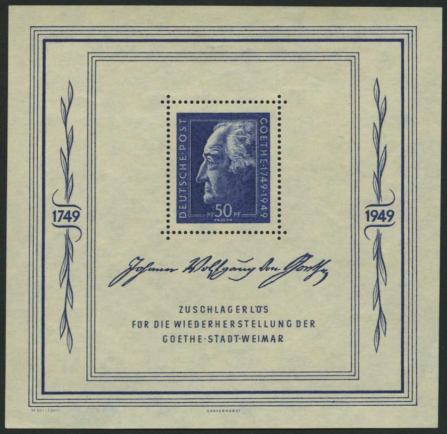 ALLGEMEINE-AUSGABEN Bl. 6 *, 1949, Block Goethe, Falzrest Im Oberrand, Marke Postfrisch, Pracht, Mi. 150.- - Other & Unclassified