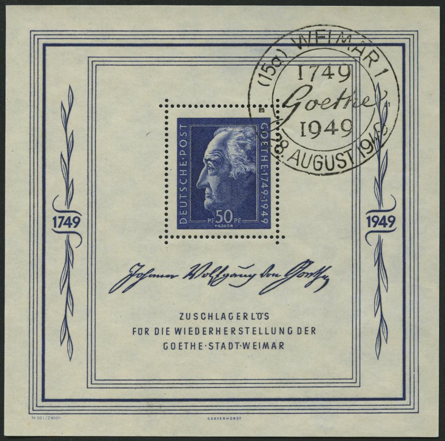 ALLGEMEINE-AUSGABEN Bl. 6 O, 1949, Block Goethe, Sonderstempel WEIMAR, Pracht, Mi. 300.- - Otros & Sin Clasificación