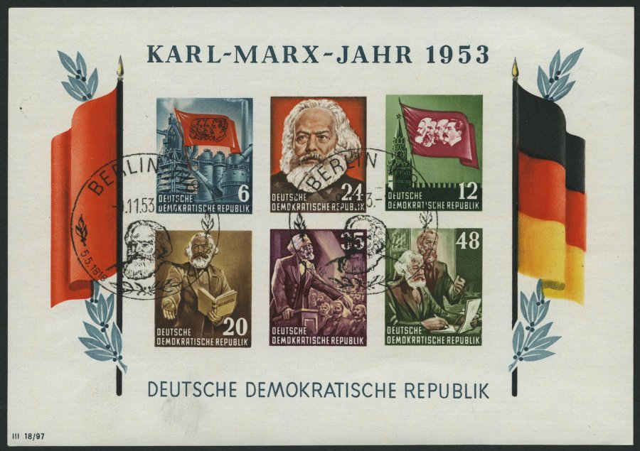 DDR Bl. 8BYI O, 1953, Marx-Block, Ungezähnt, Wz. 2YI, Sonderstempel, Pracht, Gepr. Tichatzky, Mi. 150.- - Usati