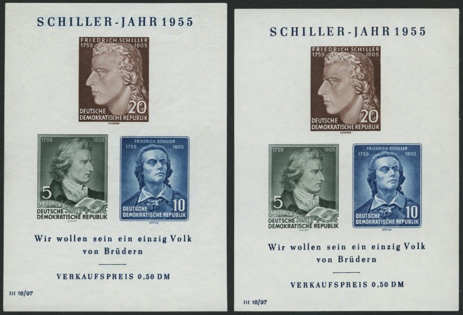 DDR Bl. 12I/II **, 1955, Block Schiller, Beide Wasserzeichen, 2 Prachtblocks, Mi. 54.- - Usados