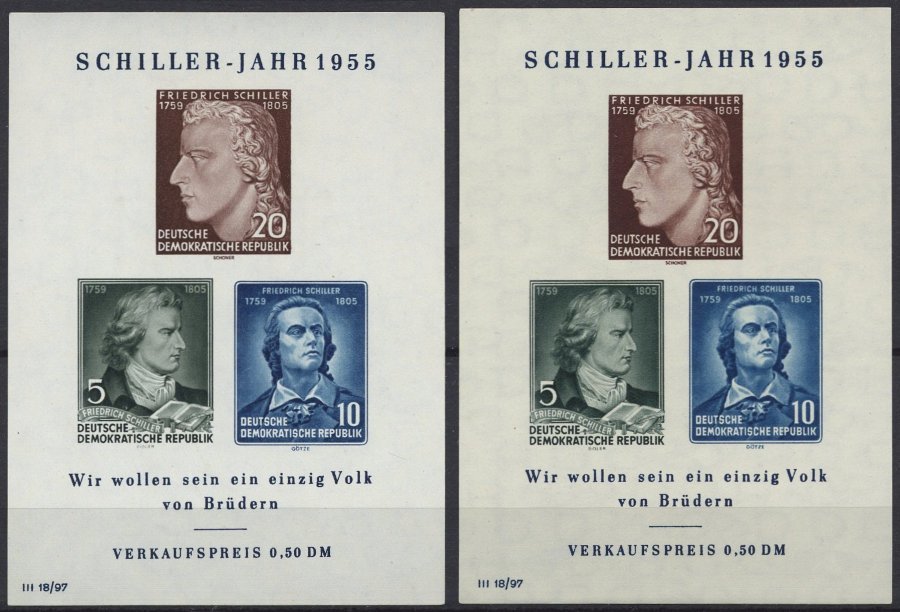 DDR Bl. 12IV/XI,II **, 1955, Block Schiller Mit Abart Vorgezogener Fußstrich Bei J, Beide Wz., 2 Prachtblocks - Used Stamps