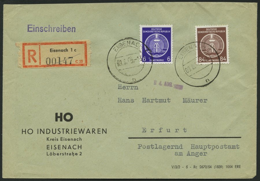 DIENSTMARKEN A D 2,17 BRIEF, 1956, 84 Pf. Lebhaftrötlichbraun Mit 6 Pf. Zusatzfrankatur Auf Einschreibbrief, Pracht - Otros & Sin Clasificación