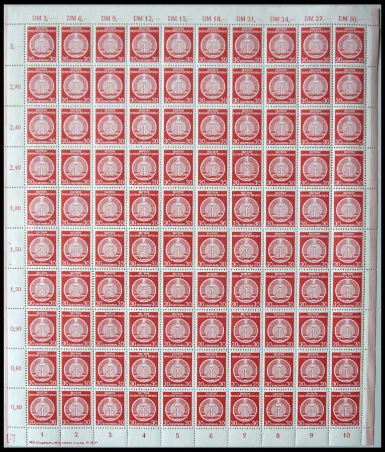 DIENSTMARKEN A D 11XI **, 1954, 30 Pf. Lebhaftbräunlichrot Im Vollständigen Bogen (100) Mit Druckereivermerk, Wz. 2XI, P - Other & Unclassified