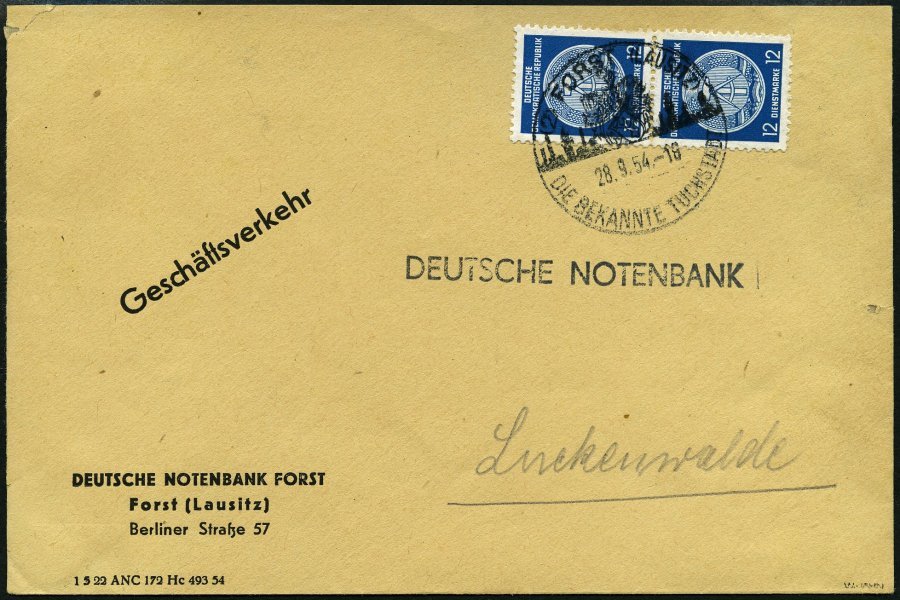 DIENSTMARKEN A D 20XI Paar BRIEF, 1954, 12 Pf. Schwärzlichpreußischblau, Wz. 2XI, Im Senkrechten Paar Auf Geschäftsbrief - Sonstige & Ohne Zuordnung