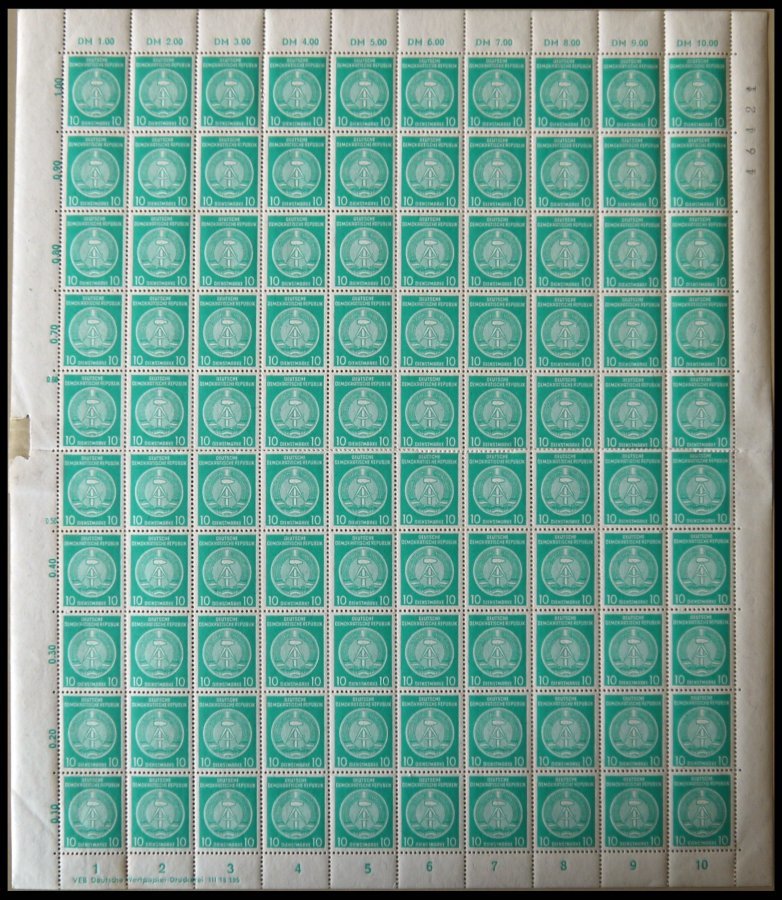 DIENSTMARKEN A D 35-37 **, 1957, 10 - 20 Pf., Wz. 3, In Bogen (100) Mit Verschiedenen Druckerei-Vermerken, 10 Pf. Angetr - Otros & Sin Clasificación