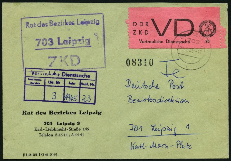 DIENSTMARKEN D VD 2 BRIEF, 1965, 20 Pf. Schwarz Auf Hellilarosa Auf Ortsbrief Aus LEIPZIG, Normale Zähnung, Pracht, Mi. - Other & Unclassified