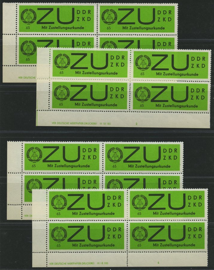 DIENSTMARKEN E 2xDV **, 1965, 65 Pf. Gelbgrün/schwarz, 4 Eckrandviererblocks Mit Form-Nr. 1-4 Komplett, Pracht, Mi. (140 - Otros & Sin Clasificación