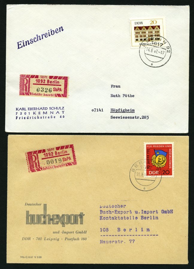 EINSCHREIBEMARKEN 1Cy BRIEF, 1967, 50 Pf. Rosakarmin/schwarz, Gezähnt 121/2, Pergamin-Papier, PLZ 1092 Auf Einschreibbri - Registration & Officially Sealed