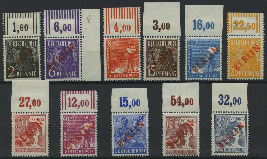 BERLIN 21-23,25-32 **, 1949, 2 - 8 Pf. Und 15 - 80 Pf. Rotaufdruck, Alle Vom Oberrand (dort Falzrest), 11 Prachtwerte, G - Otros & Sin Clasificación